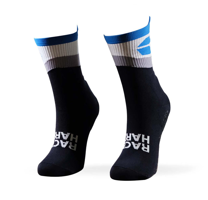 Cube Controls G+ sim racing socks — blue and white pair.